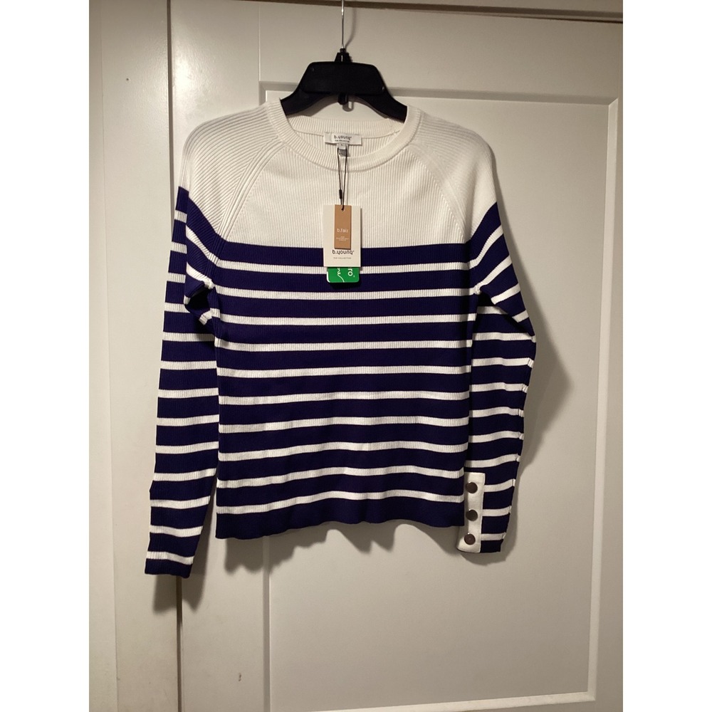 b.young Navy White Striped Knit Sweater Button Cuff Ecovero Viscose Large NEW